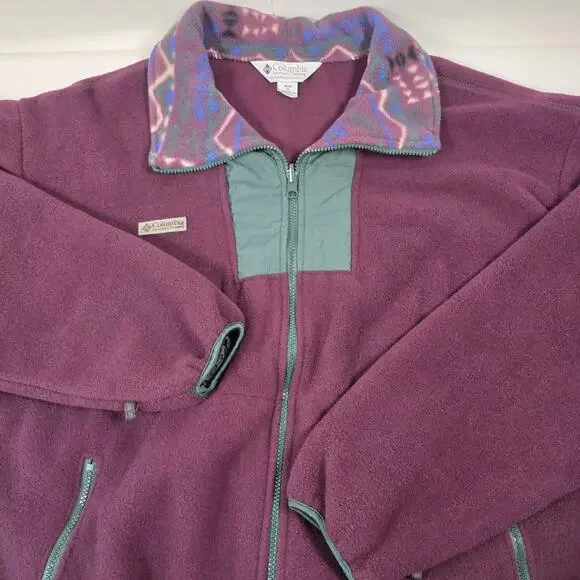 Vintage Columbia Jacket Mens XL Burgundy/Green Aztec Fleece Full Zip Made in USA - Picture 2 of 11